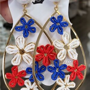 Floral Gold, Red, Blue, and White Teardrop Earrings
